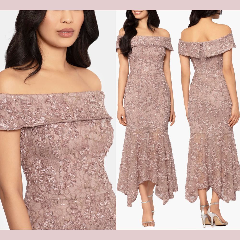 NWT $309 XSCAPE [ 16W ] Embroidered Off the Shoulder Midi Cocktail Dress‎ Taupe